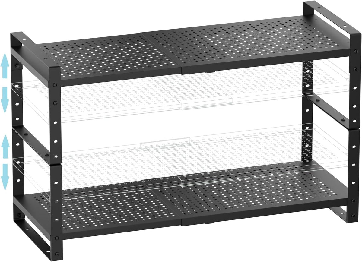 Expandable Shoe Rack Stackable Metal Pantry Storage Shelves Stand Adjustable Height Cabinet Shelf Organizer Racks Spice Shelving(2PACKS/BLACK,MEDIUM)
