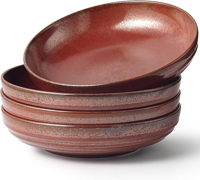 HAPPY KIT 9'' Large Pasta Bowls, 42 Oz, Stoneware Reactive Glaze Salad Bowl Set of 4, Ceramic Serving Bowls for Fruit,Soup,Noodle, Dinner, Scratch Resistant, Rust Red