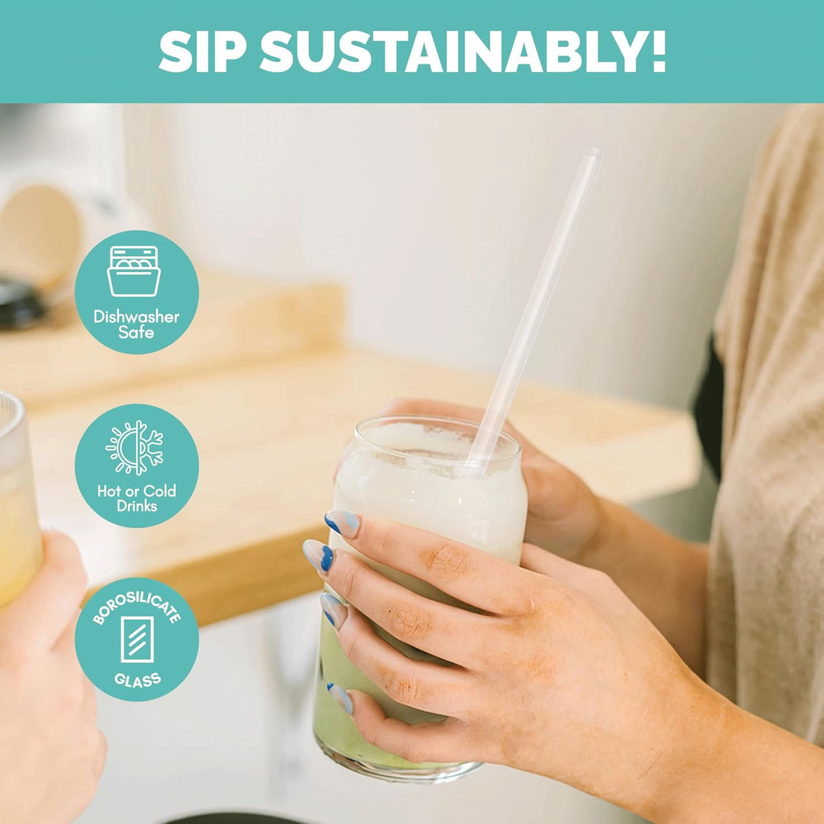 Simply Straws 10 Inch Glass Straws Straight (6-Pack) – Reusable Glass Straws for 24 Oz Mason Jars & Tumblers, with Cleaning Brush – Durable, Dishwasher Safe, Hot & Cold Use, BPA-Free (Air)