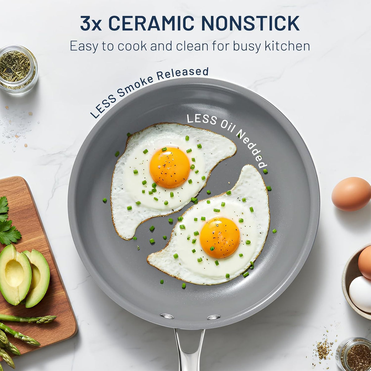 Kikcoin Ceramic Nonstick Frying Pan Skillets - 3 Sizes Omelette Pans for Healthly Cooking, 8+9.5+11 Inch Egg Pan with Stay Cool Handle, Free of PFAS PFOA PTEE, Oven/Dishwasher Safe for Busy Kitchen