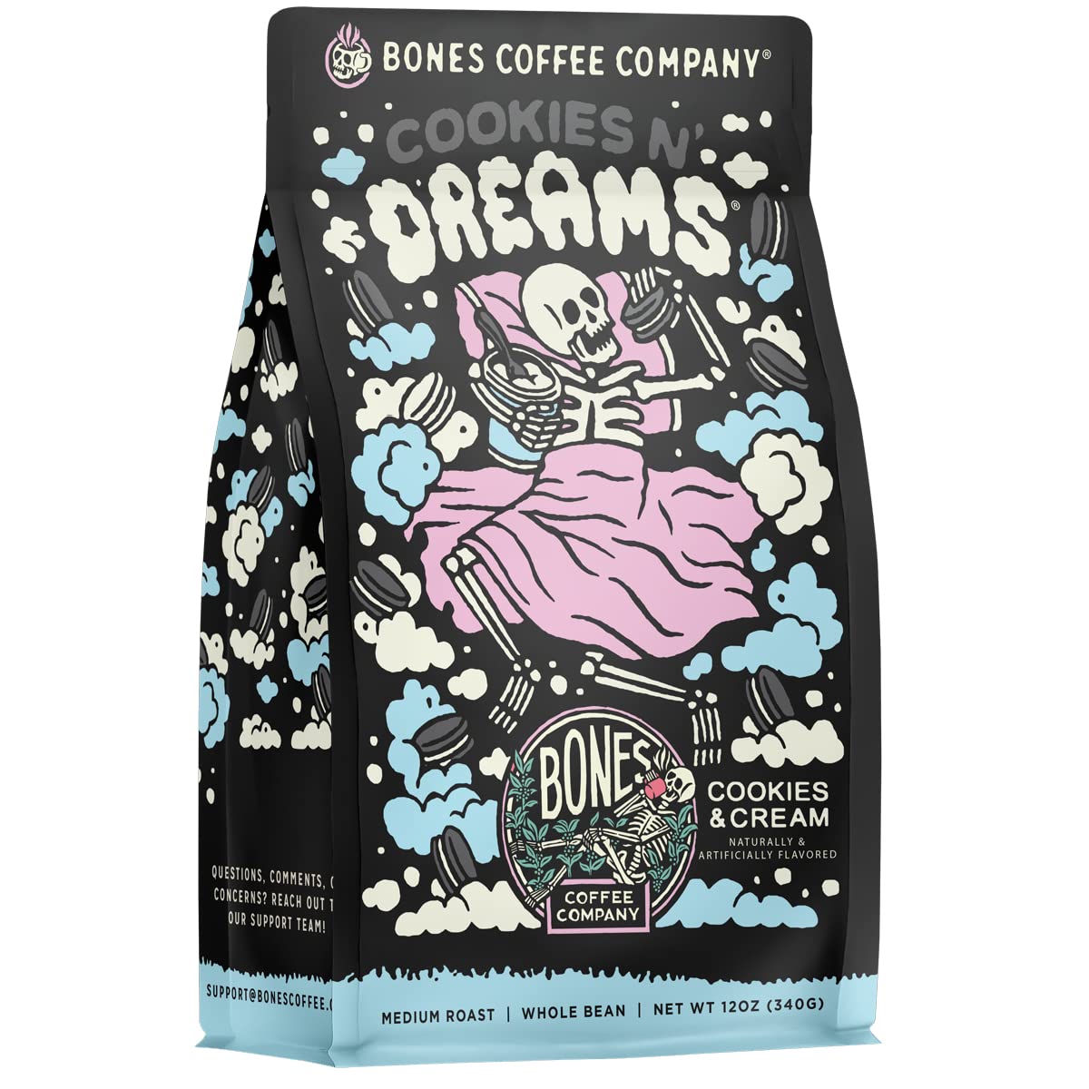 Bones Coffee Company Cookies 'N Dreams Cookies and Cream Flavored Coffee, Medium Roast Low Acid Arabica Beans Compatible with Auto drip and French Press Coffee Maker, 12 Oz Whole Bean