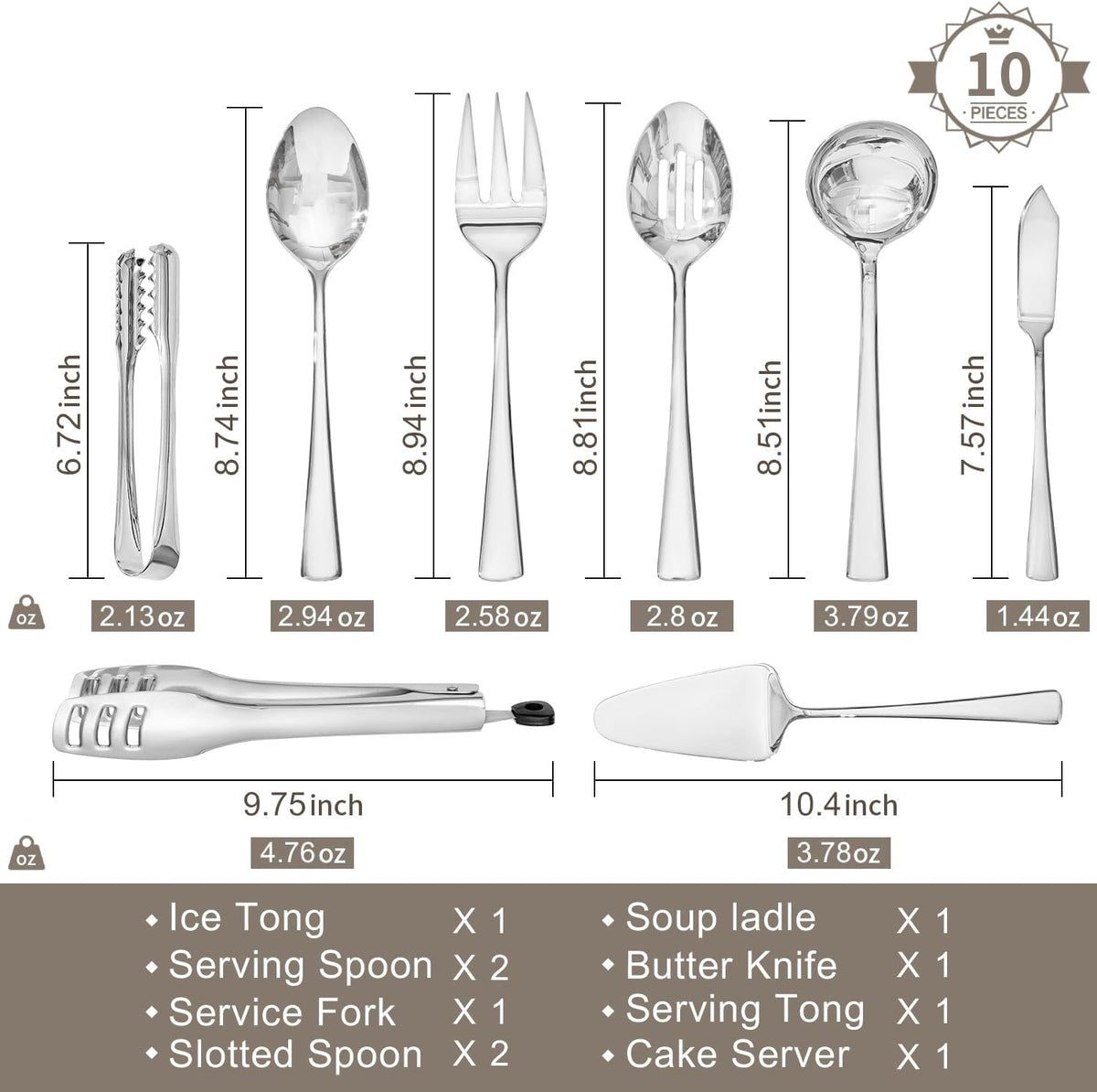 KINGSTONE 10 Piece Serving Utensils Set, 18/10 Stainless Steel Serving Utensils, Slotted Spoon, Fork, Tong, Soup Ladle, Cake Server, Butter Knife and Ice Tong for Buffet, Parties, Kitchen,Entertaining
