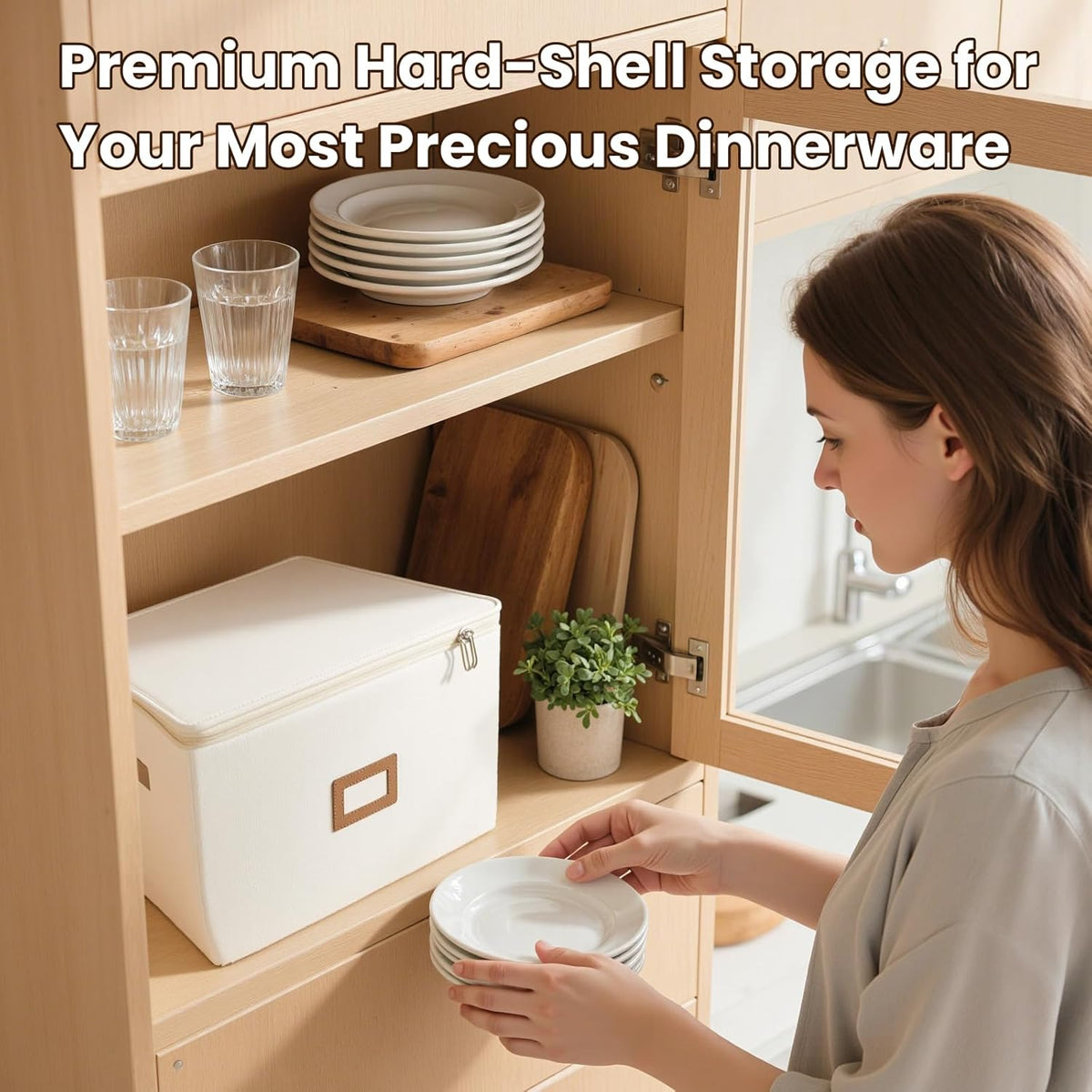 HOMELUX THEORY Hard Shell China Storage Containers, 8pc Ivory Mug & Plate Storage Box, Kitchen Storage Bins W/Lids, Heavy Duty Moving Box with Handles for Dishes, Glassware, Silverware, Cup & Mug