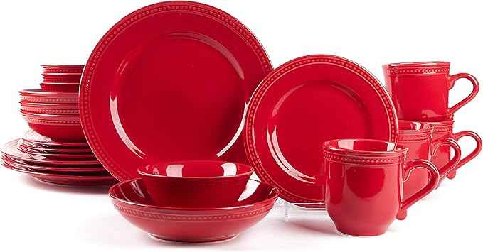 Pearl Dots Stoneware Dinnerware Set (20pc Set, Red)