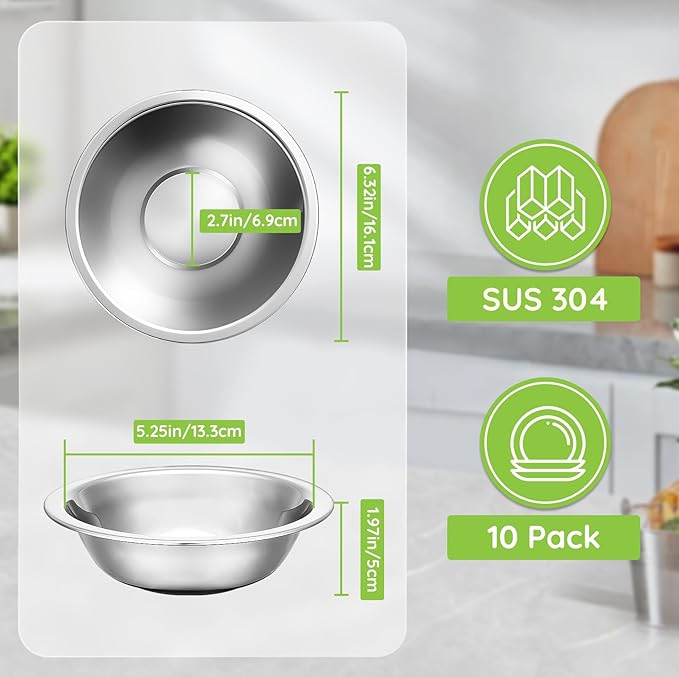 304(18/8) Stainless Steel Mixing Bowls for Kitchen, 10 Pack 6.3" 13.67 fl.oz Metal Mixing Bowls Set Stackable for Baking Serving Cooking Food Prep Storage Dishwasher Safe Lightweight