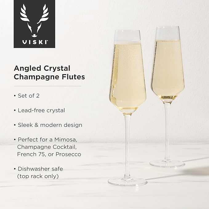 Viski Raye Crystal Angled Champagne Flutes, Elegant Crystal Clear Champagne Glasses Gift Set for Sparkling Wine, Prosecco, Mocktails, Housewarming, Wedding Gifts, Home Bar, 8 oz, Set of 2