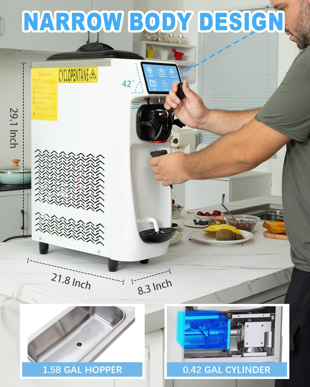 Soft Serve Ice Cream Machine, 7 Inch Screen Ice Cream Maker Machine 4.2 to 4.6 Gal/H Ice Cream Maker Machine with Pre-Cooling Soft Serve Machine with 1.6 Gals Tank for Party Store School Home ETL