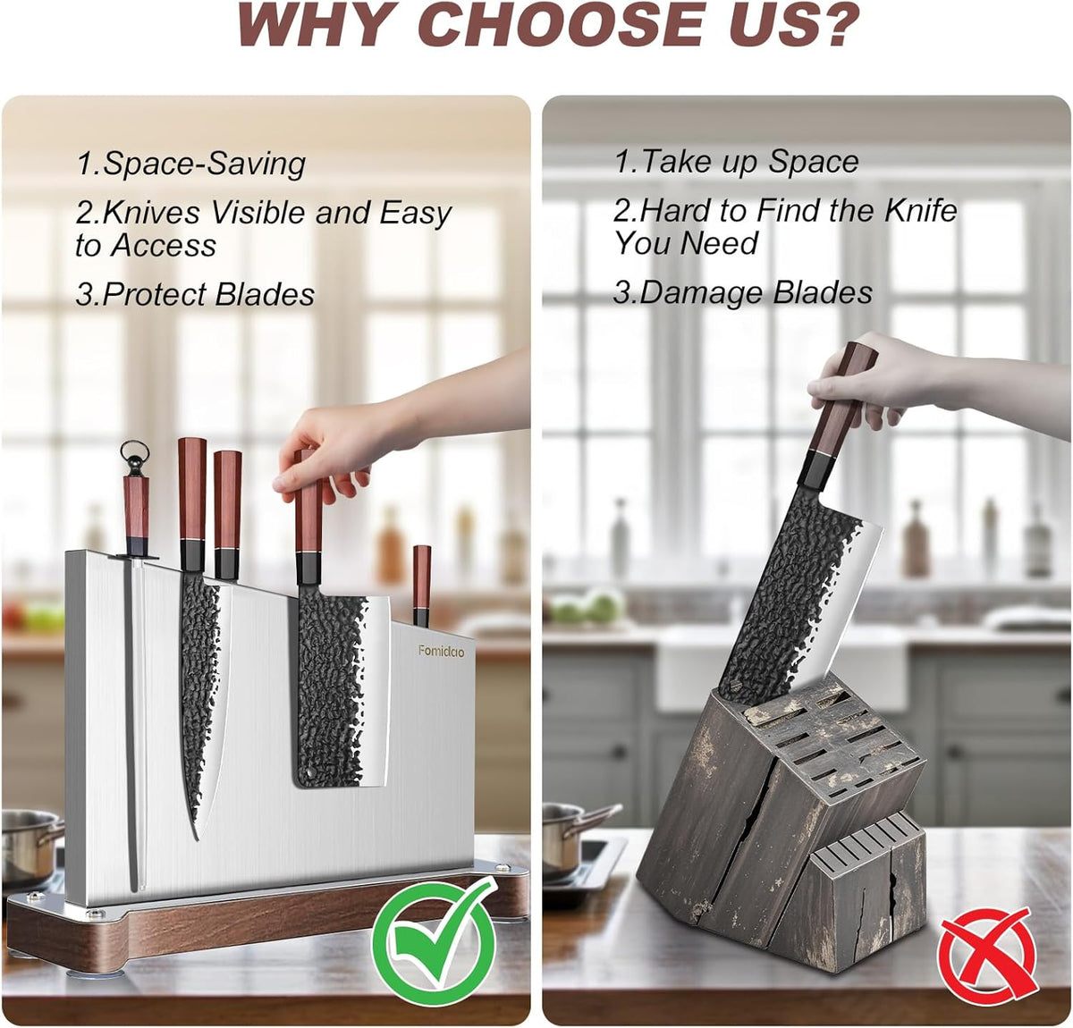 Magnetic Knife Holder Stand,Large Double Sided Magnetic Knife Block WIthout Knives Stainless Steel Magnet Kitchen Knife Holder Strong Magnetic Knife Rack Storage With Three Magnet Strip