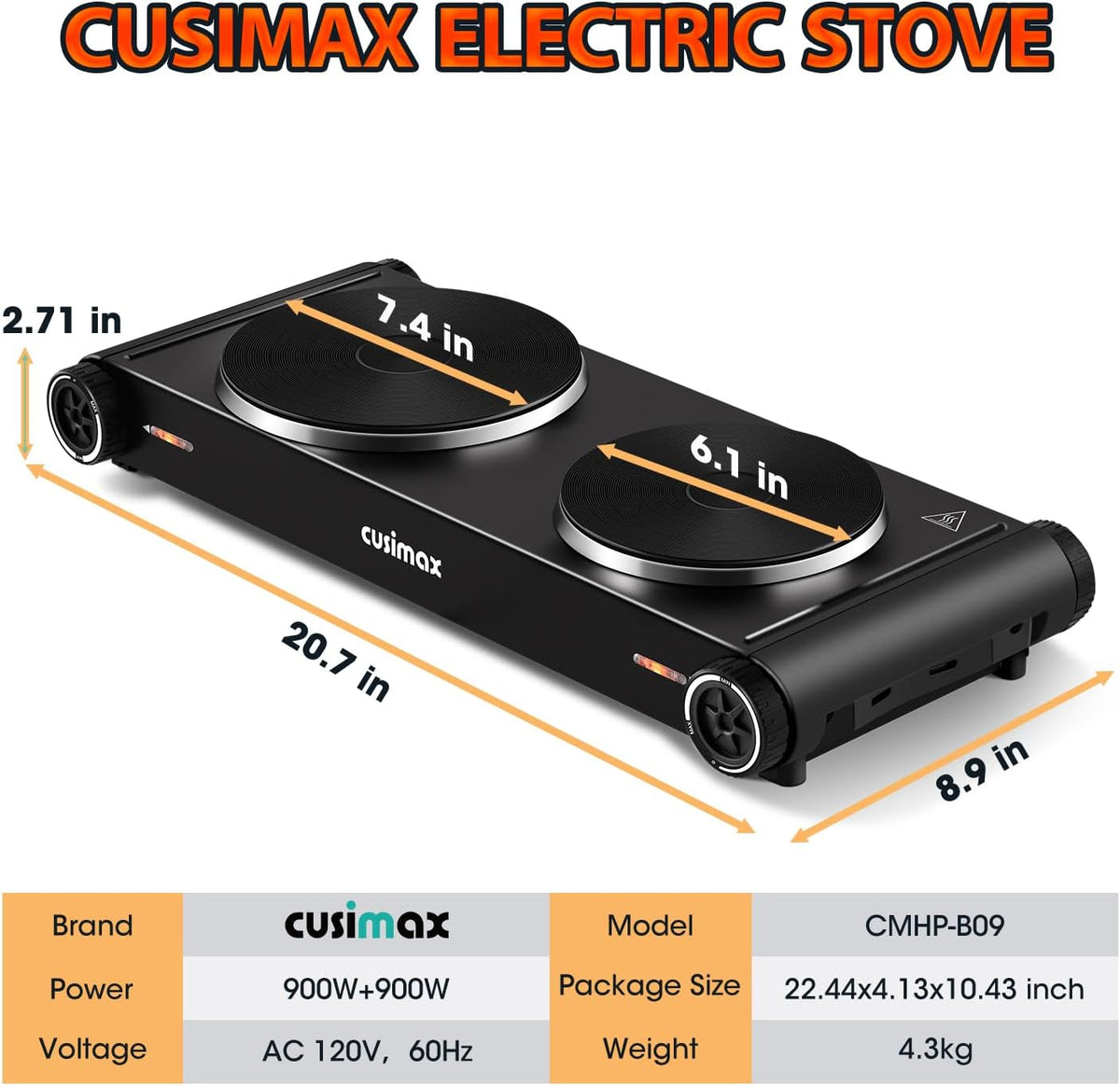 CUSIMAX Electric Hot Plate,Portable Double Hot Plate For Cooking,1800w Electric Stove Temperature Controls,Cast Iron Cooktop,Suitable For All Cookware,Easy To Use Handle,Black Stainless Steel