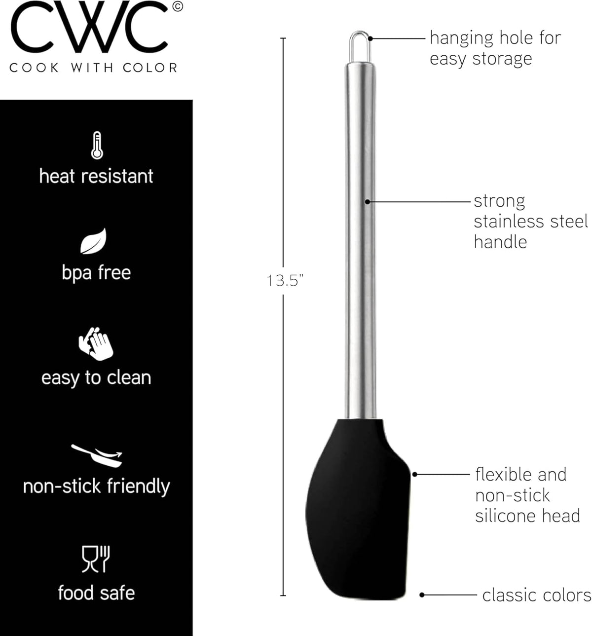 COOK WITH COLOR Silicone Cooking Utensils, Kitchen Utensil Set, Easy to Clean Silicone Kitchen Utensils, Cooking Utensils for Nonstick Cookware, Kitchen Gadgets Set, 10 Pieces, Black