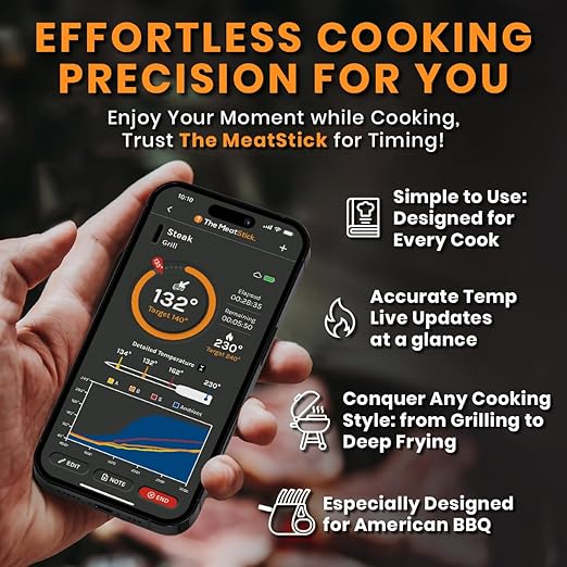 MeatStick 4 – Smart Wireless Meat Probe with 4 Sensors & Limited Range | Bluetooth Thermometer (Up to 165 ft Outdoors; Much Lower in Grill/Oven/Smoker)