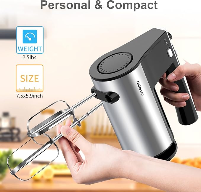 600W Electric Hand Mixer Kitchen Handheld Mixer 10 Speed Powerful with Turbo for Baking Cake Lightweight & Personal Electric Mixer with Egg Baking Beaters Dough Hooks, Whipping Mixing Cookies