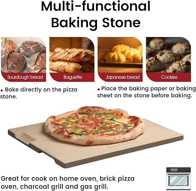 Large Pizza Stone, 20"x13.5" Rectangular Pizza Stone for Oven Grill BBQ, Baking Stone for Pizza Bread with Unique Built-in 4 Handles Design
