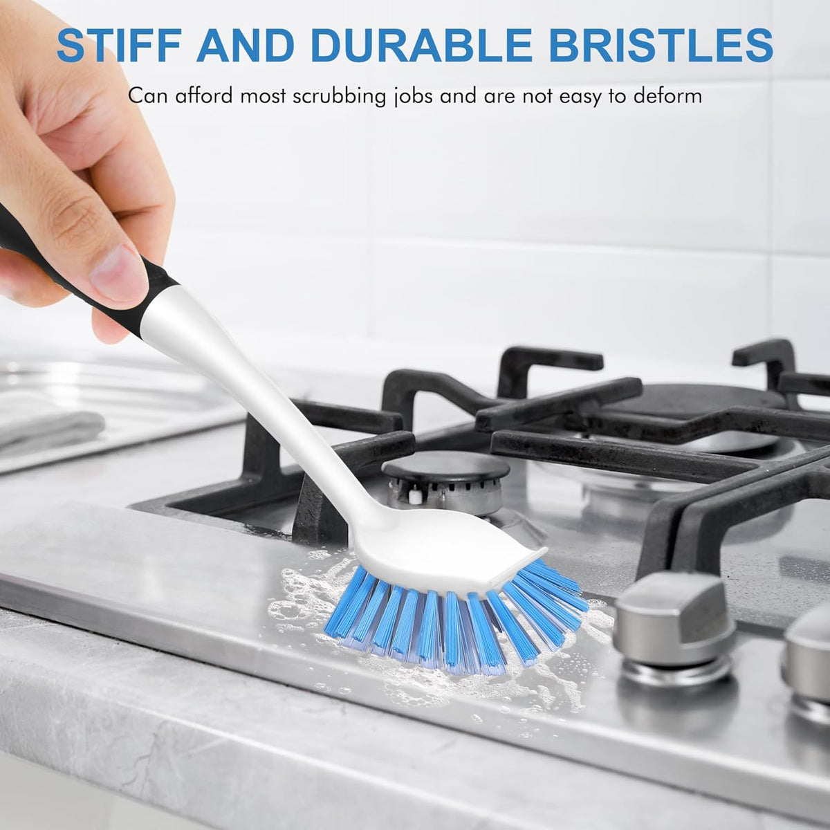 SetSail Dish Brush with Handle, 2 Pack Stiff Bristles Dish Scrubber with Built-in Scraper Dish Scrub Brushes for Cleaning Dishes, Pots and Pans, Kitchen Sink, 3 Pack, Black Blue