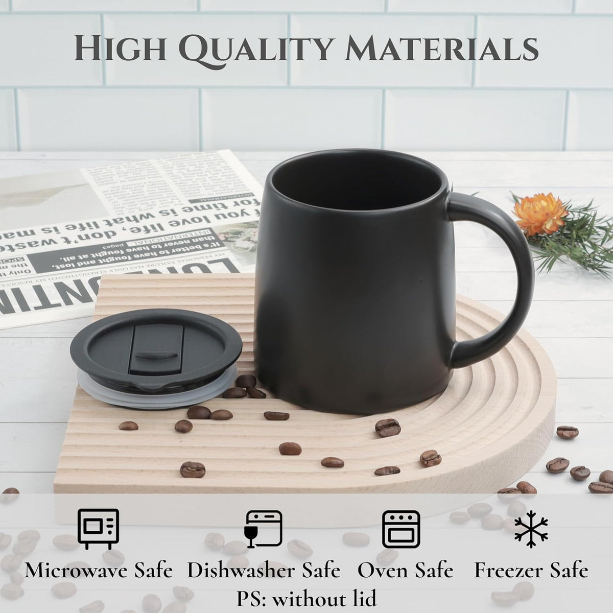 Classic Mug, 14 oz Large Coffee Mug with Handle, Ceramic Porcelain Tea Cup, Smooth Matte (Sliding Lid, Black)