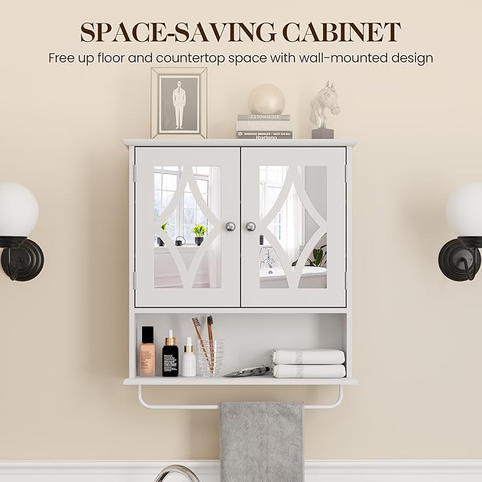 RoyalCraft 22x25 Bathroom Medicine Cabinet with Mirror, Large Wood Wall Mounted Storage Cabinet with Shelves and Towel Bar, Over The Toilet Storage Cabinet for Bathroom, Laundry, Living Room, White