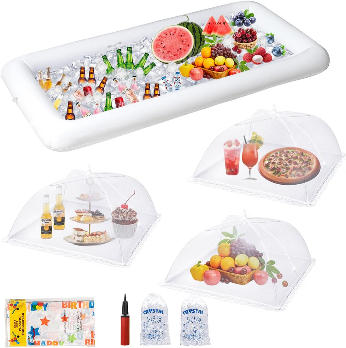8Pack Party Supplies (food covers*3, tablecloth*1, Inflatable Serving Bars*1,Ice Bag*2, Pump*1),Pool Party Buffet Drink Cooler, Ice Tray Food Drink Containers for BBQ Picnic Pool Garden Party Wedding
