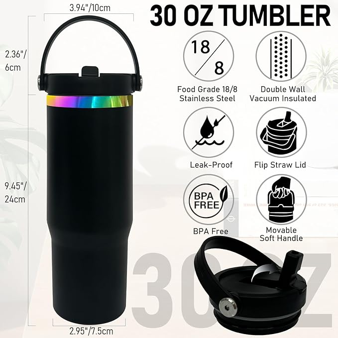 30 oz Tumbler with Handle and Straw, Vacuum Insulated Tumblers with Flip Straw and Top Handle, Leakproof Powder Coated Tumbler, Stainless Steel Travel Mug for Coffee Water (Black)
