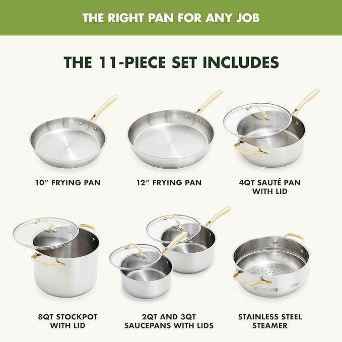 GreenPan Stainless Steel Cookware Set, 11 Piece, Induction Cookware, Dishwasher Safe, Oven Safe to 600F, Large 8QT Stock Pot, Sauce, Saute, Frying Pans, Pots & Pans Kitchen Essentials, Gold