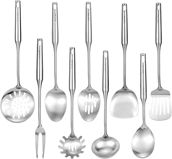 304 18/10 Stainless Steel Kitchen Utensils Set 9 Pcs Long Cooking Utensil, Spatula, Soup spoon, Leaking shovel, Ladle, Tunner, Pasta Server, Meat Fork Kitchen Tools Set (9 Pieces Set)