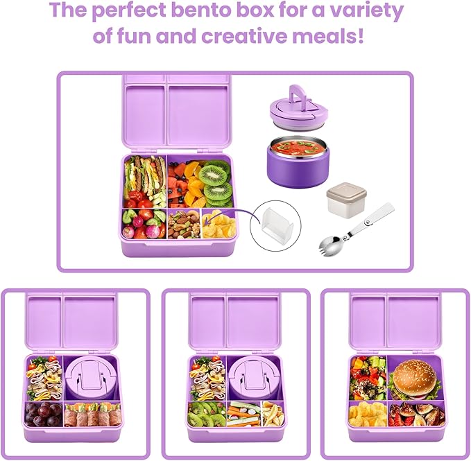 Bento Lunch Box with 8oz Soup Thermo,Kids Leakproof 4 Compartment Lunch Food Containers with Sauce Cup and Ice Pack,Kids Thermo Insulated Hot Food Jar and Lunch Bag for School,Trvael-Purple