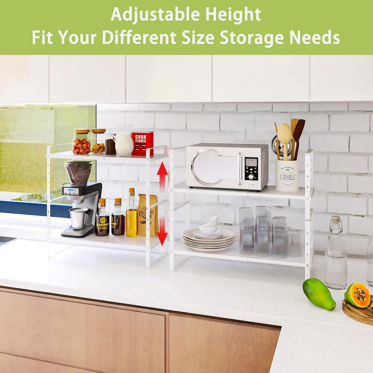 Expandable Cabinet Shelf Organizer Rack, Stackable Kitchen Counter Storage Shelves Stand, Adjustable Height Pantry Shelf Spice Rack (White, 2 Pack)