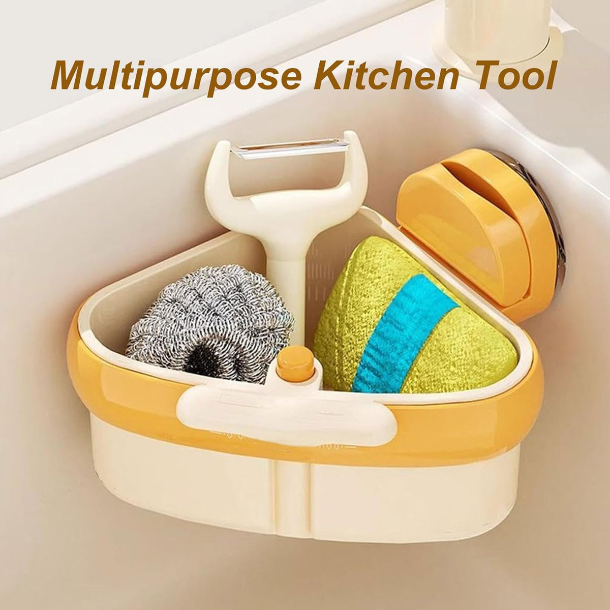 Suction Cup Sink Corner Rack, Triangular Sinks Basket Shelf, Automatic Dumping Corner Sink Strainer with Drain Hole, Food Waste Catcher (Yellow)