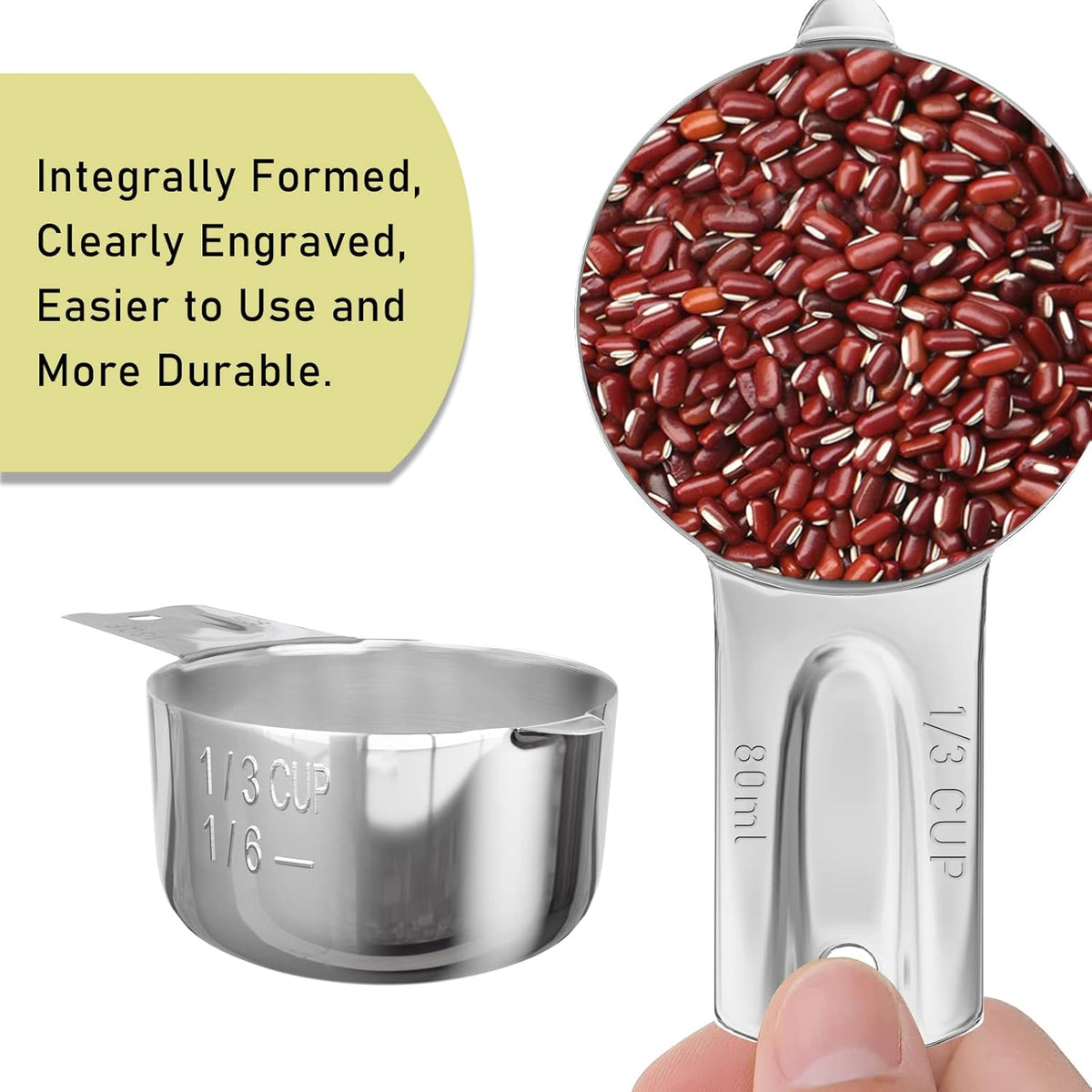 2PCS 1/3Cup (80ml, 2.7oz) Single Measuring Cup, Stainless Steel Measure Scoop, Metric and US Measurement, Dishwasher Safe