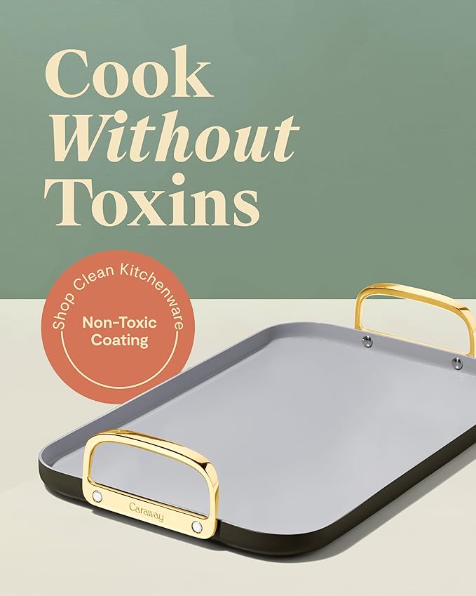 Caraway Double Burner Griddle - 19x12” Griddle Pan - Non-Stick Ceramic Coated - Non Toxic, PTFE & PFOA Free - Oven Safe & Compatible with All Stovetops - Black