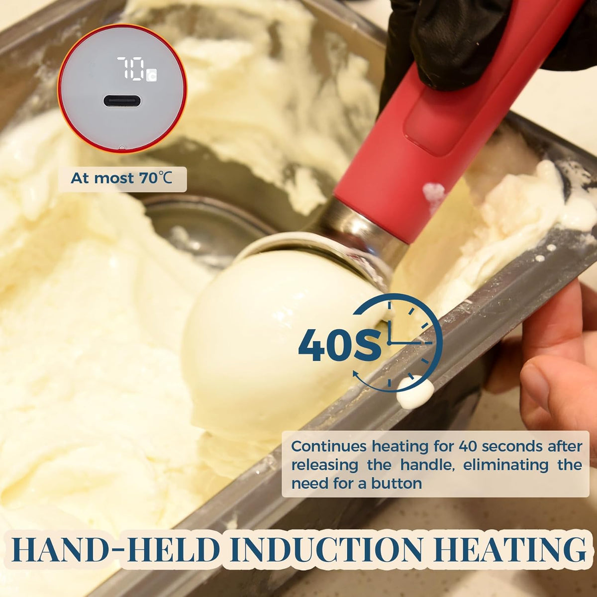 Heated Ice Cream Scoop Rechargeable, Electric Warming Ice Cream Scooper with LED Display, Heats to 158°F for Hard Ice Cream, Easy for Seniors & Kids, IP67 Waterproof (Red, 2 oz)