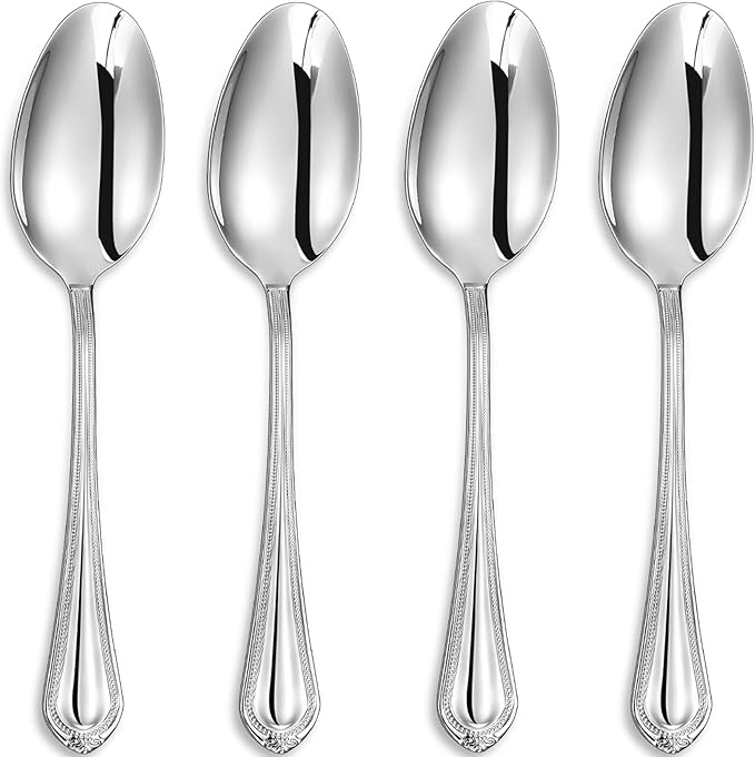 KEAWELL Pearl Edge 4-Piece Premium Spoon Set, 18/10 Stainless Steel, Fine Silverware Spoons with Refined Bead Design, Brightly Polished, Dishwasher Safe (Silver, 9" Serving Spoons)