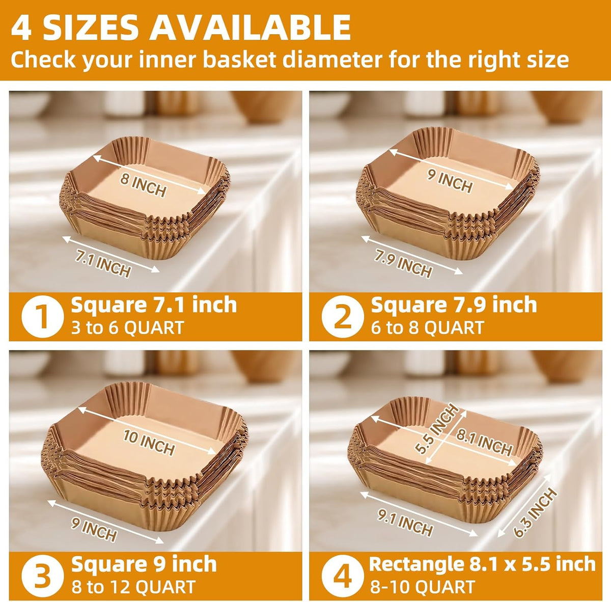 Air Fryer Paper Liners for 6-8 Qt Airfryer, 200pcs 7.9 x 7.9 inch XL Square Disposable Parchment Tray