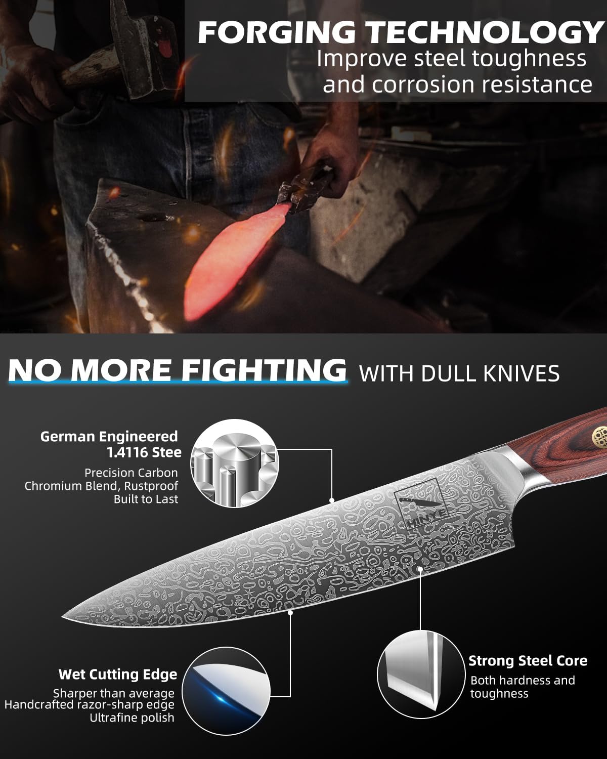 8" German Damascus Chef Knife with Redwood Ergonomic Handle, Textured Anti-Stick Blade, Rustproof Kitchen Knife for Effortless Chopping, Premium Gift Box
