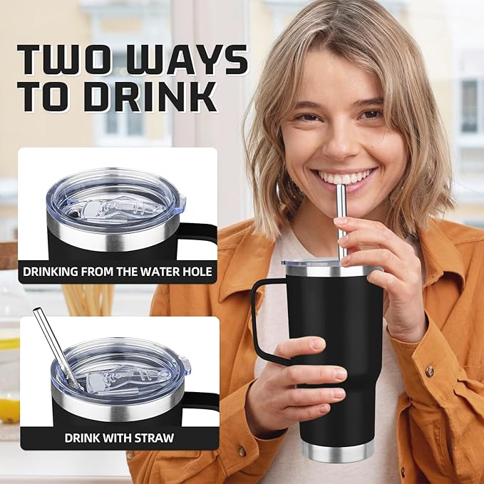 20 oz Tumbler with Handle Stainless Steel Insulated Coffee Mug Tumbler with Lid and Straw Double Wall Vacuum Insulated Coffee Mug Leak Proof Travel Mug Tumbler for Hot and Cold Drink (Black,1pack)