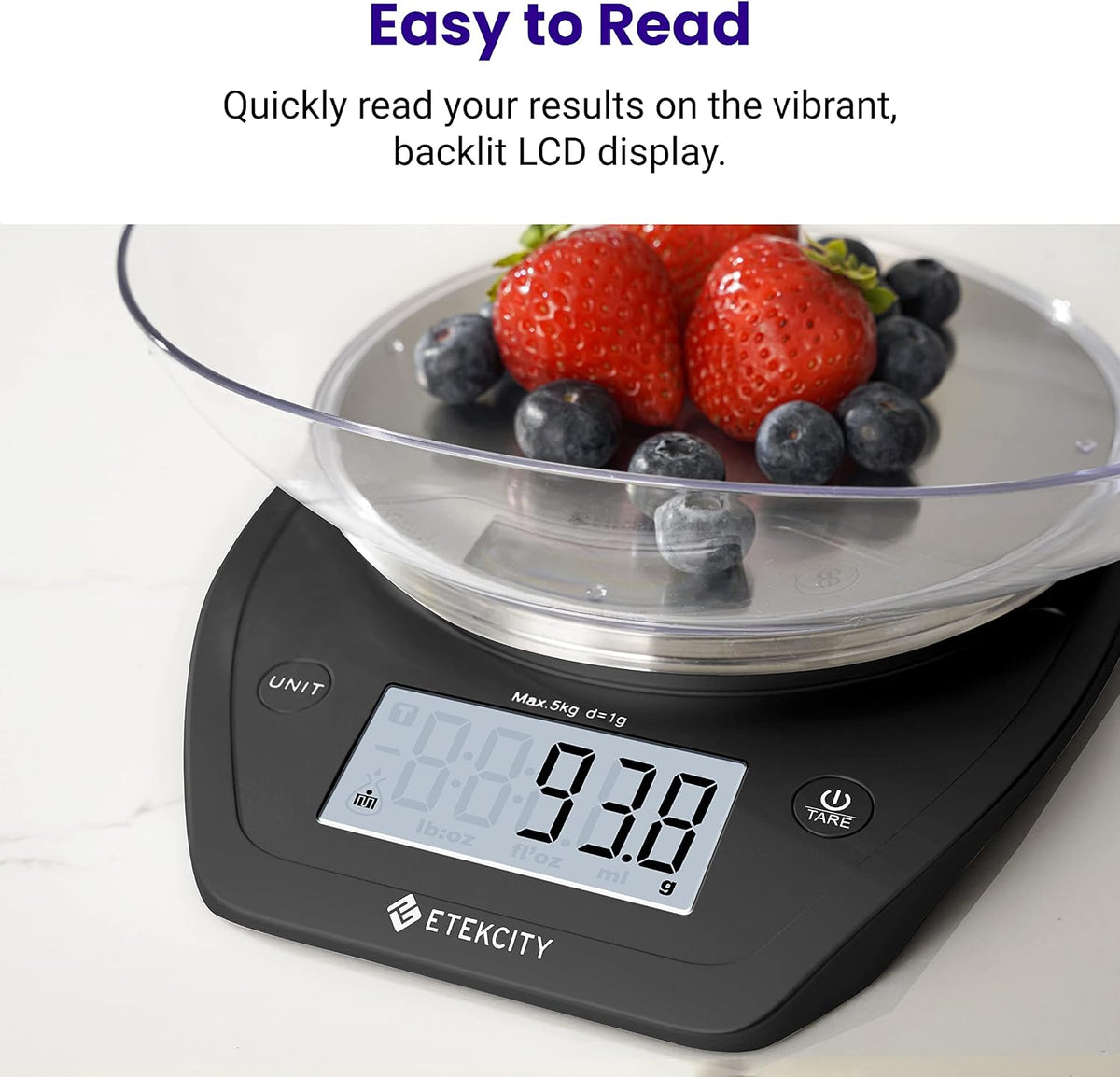 Etekcity 0.1g Food Scale, Bowl, Digital Grams and Ounces for Weight Loss, Dieting, Baking, Cooking, and Meal Prep, 11lb/5kg, Stainless Steel Black