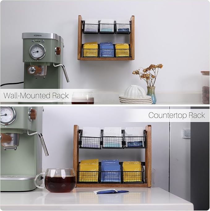 HTB 2 Tier Tea Organizer for Tea Bags, Tea Bag Holder with Acacia Wood Stand and 6 Removable Metal Basket for Sugar Packets, Sweeteners, Creamers for Cabinet, Countertop or Wall-mounted