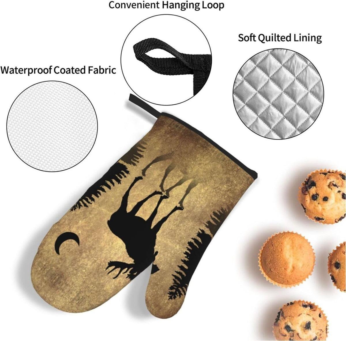 Rustic Elk Moose Deer Forest Pine Tree Moon Design Oven Mitts and Pot Holders Sets of 4 High Heat Resistant Vintage Animal Oven Mitts Oven Gloves and Hot Pads Potholders for BBQ Cooking Mitts