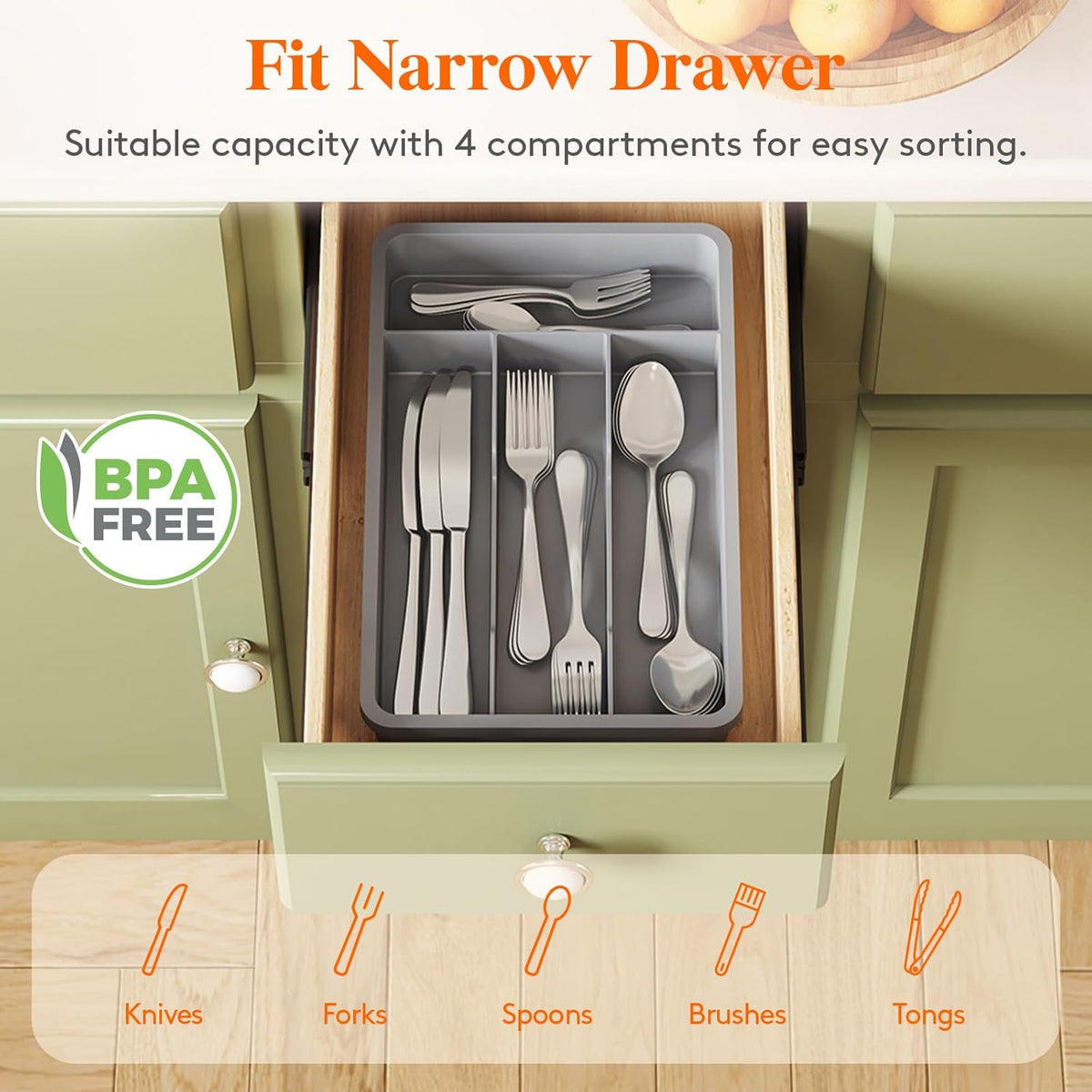 Lifewit Silverware Tray, Cutlery Drawer Organizer Storage for Kitchen, Plastic Flatware Utensil Holder Divider for Spoons Forks Knives Tableware, 4 Compartment, Gray