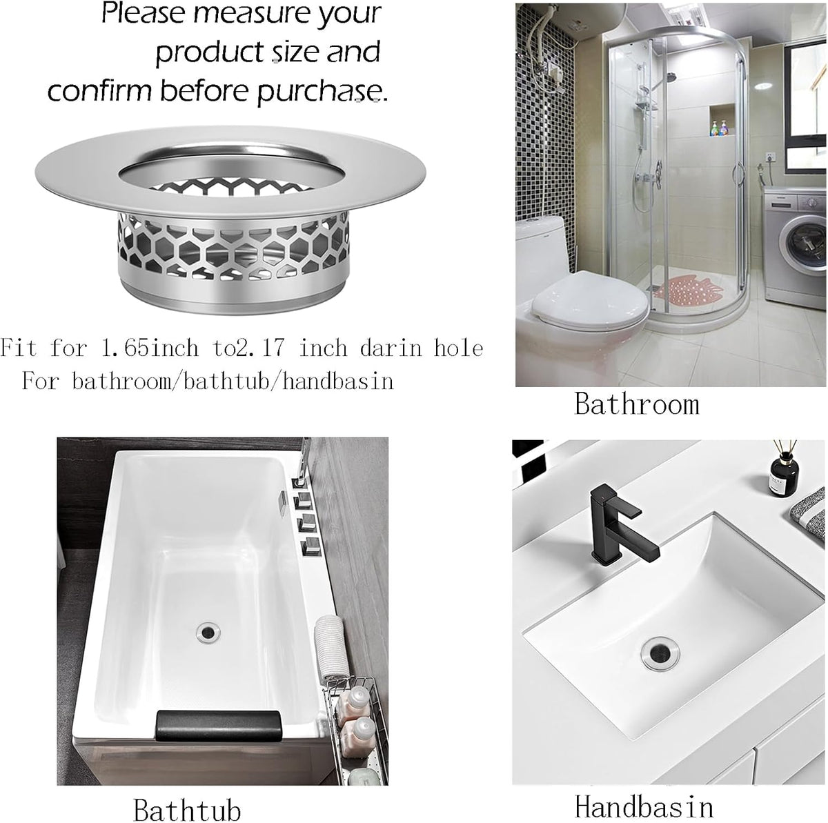 Hair Catcher Shower Drain Bathtub Lavatory Sink Drain Strainer for Laundry, Mop Pool, Utility, Slop, RV Sink, Stainless Steel Drain Filter。Fit Hole Size from 1.65-2.17" ，2Pack (1.5”)