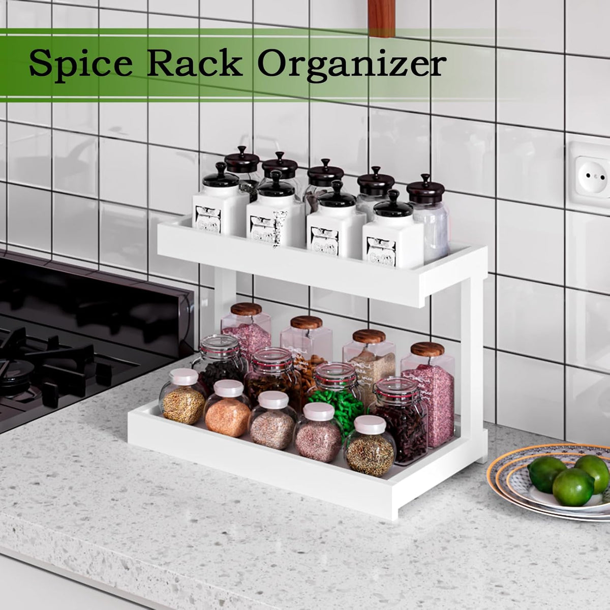MARTY 2 Tier Spice Rack Organizer for Countertop, 15.8''L White Coffee Station/Bathroom Organizer Countertop, Counter Shelf Desktop Storage Organizer for Kitchen, Bedroom, Office