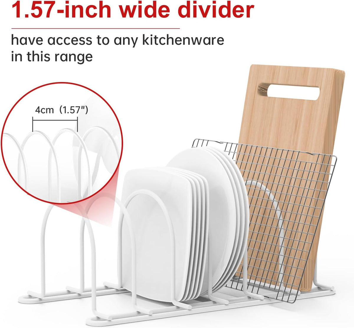 JAQ Pot Lids Holder, 10.5" Kitchenware Dividers Organizer for Plates, Pans, Cutting Boards, Muffin Tins, Baking Sheets in Cabinets Shelf Countertop Pantry (2-Pack, White)
