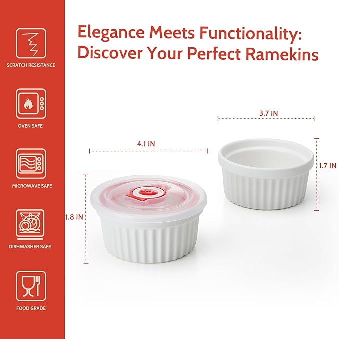 Sweese 6-Pack 8 oz Porcelain Ramekins with Lids, White Souffle Dishes for Baking, Creme Brulee Cups, Oven-Friendly Pudding Custard Bowls – Versatile Kitchen Essentials for Baking and Storing