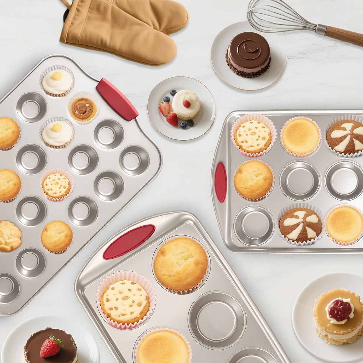 Mini Muffin Pan, 24 Tin Cupcake Pan, Nonstick Small Muffin Tray with Silicone Grip Handles, Durable Mini Cheesecake Cup Cake Pans for Baking, 2-PACK,Gold