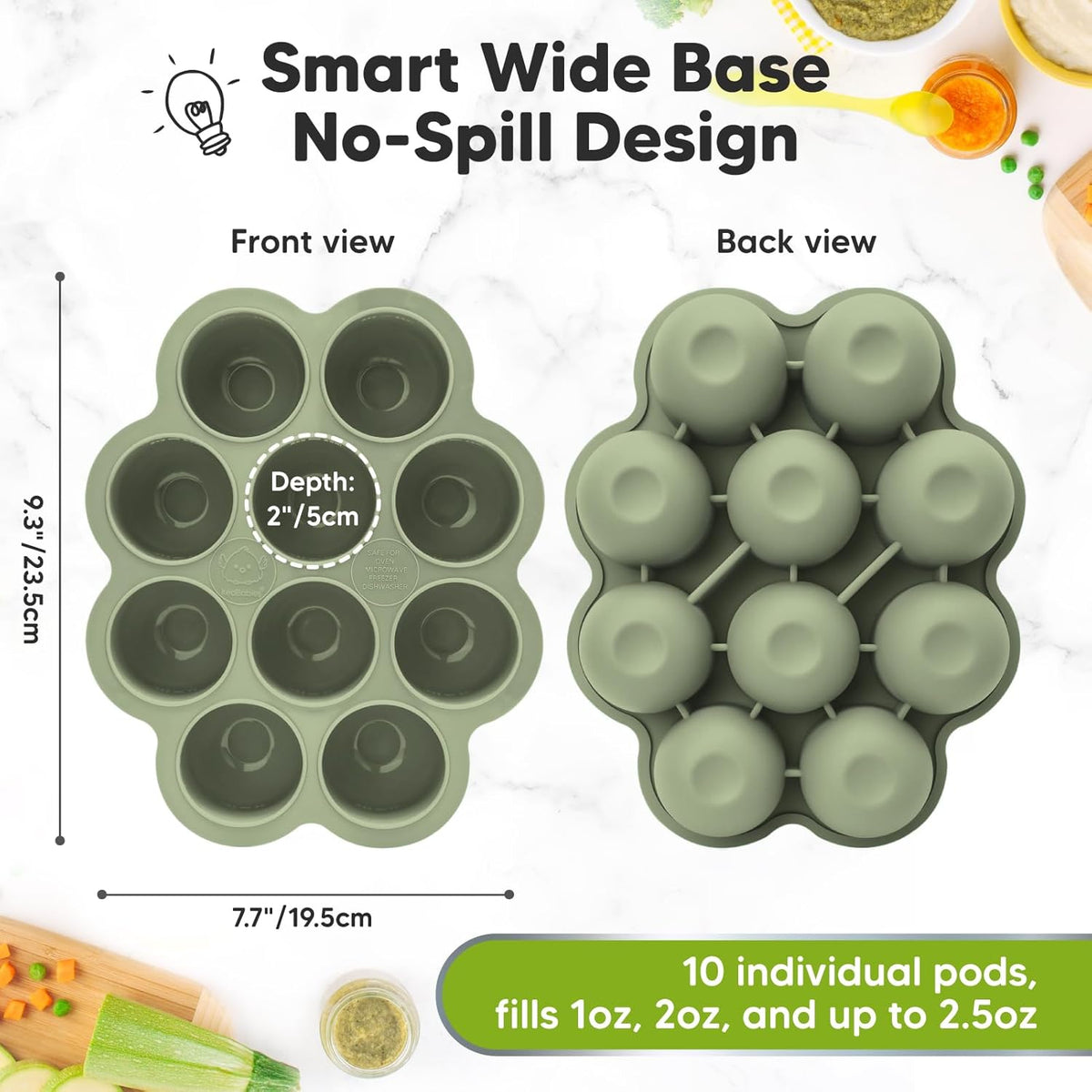 KeaBabies Silicone Food Freezer Trays with Lid, 2oz x 10 Pods Baby Food Storage Containers, Easy Puree Meal Prep, Breast Milk Silicone Freezer Molds, Dishwasher, Microwave Safe, BPA-Free (Sage)