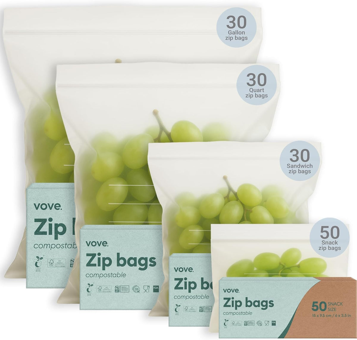 Vove Compostable Storage Bag Bundle, 140 Count Multi-Size S/M/L/XL – Freezer Safe, Resealable, Non Toxic Bags for Food, Meal Prep & Snacks, Plastic-Free Eco Bags