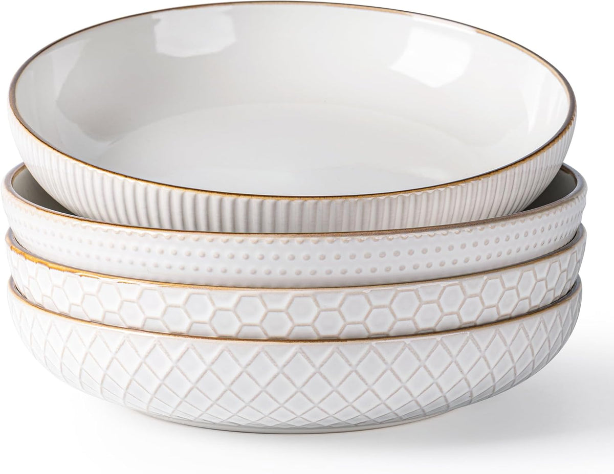 GBHOME 9.5'' Large Pasta Bowls, 42 Ounce Stoneware Salad Bowls for Kitchen, Ceramic Serving Bowls With Textured Pattern for Pasta,Fruit, Stews,Noodle, House-warming Gift,Set of 4-Off White