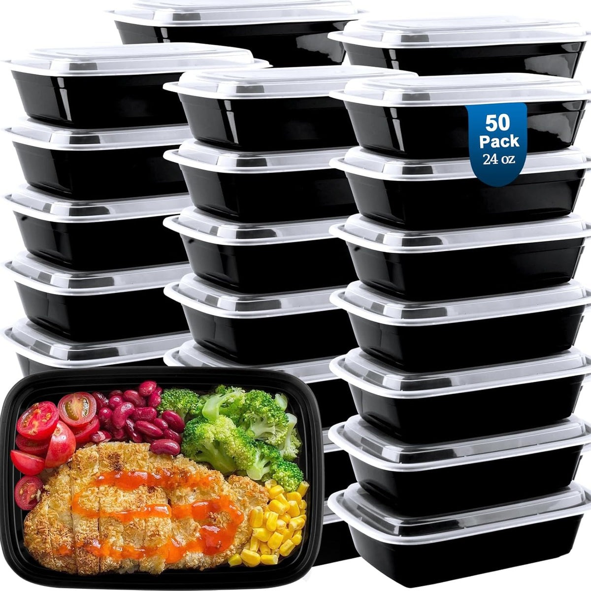 50 Pack (100-Piece) Meal Prep Containers 24 oz, Leakproof Plastic Food Storage Containers with Lids, Disposable To Go Food Containers, BPA-Free, Stackable, Microwave, Dishwasher & Freezer Safe