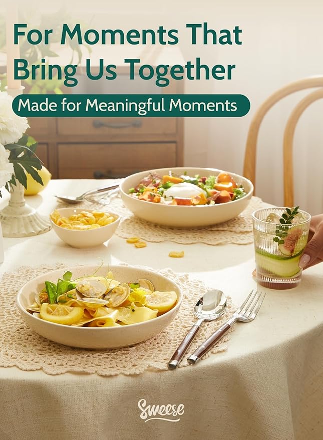 Sweese 22oz Porcelain Salad Serving Bowls Set, Microwave Dishwasher Safe, 7.6 Inch, Beige, 6-Pack
