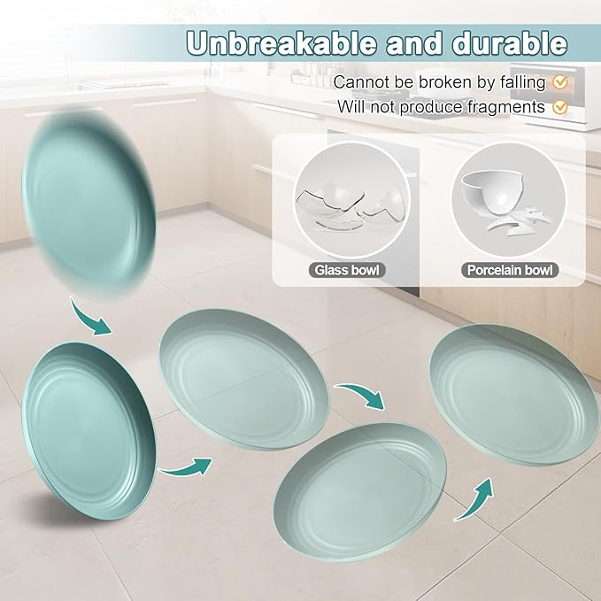 12 Pcs Unbreakable Deep Dinner Plates Set, 9 inch Reusable Plastic Wheat Straw Plates, Microwave and Dishwasher Safe Plate for Kitchen, Lightweight Plate for Dessert, BPA Free, 6 Colors