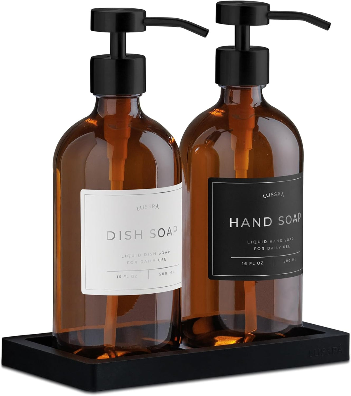 Lotion, Hand & Dish Soap Dispenser for Kitchen Sink - Bathroom Soap Dispenser Set of 2 16.8 Oz Glass Bottles with Stainless Steel Pump, 15 Water Proof Labels & Silicon Tray (Amber/Black)